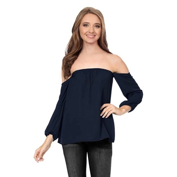 SIMLU navy Strapless Loose Off Shoulder Long Sleeve Chiffon Shirt Blouse Top - Picture 1 of 7